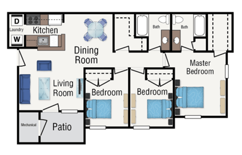 Floor plan for 3 beds, 2 baths, 1185 sqft